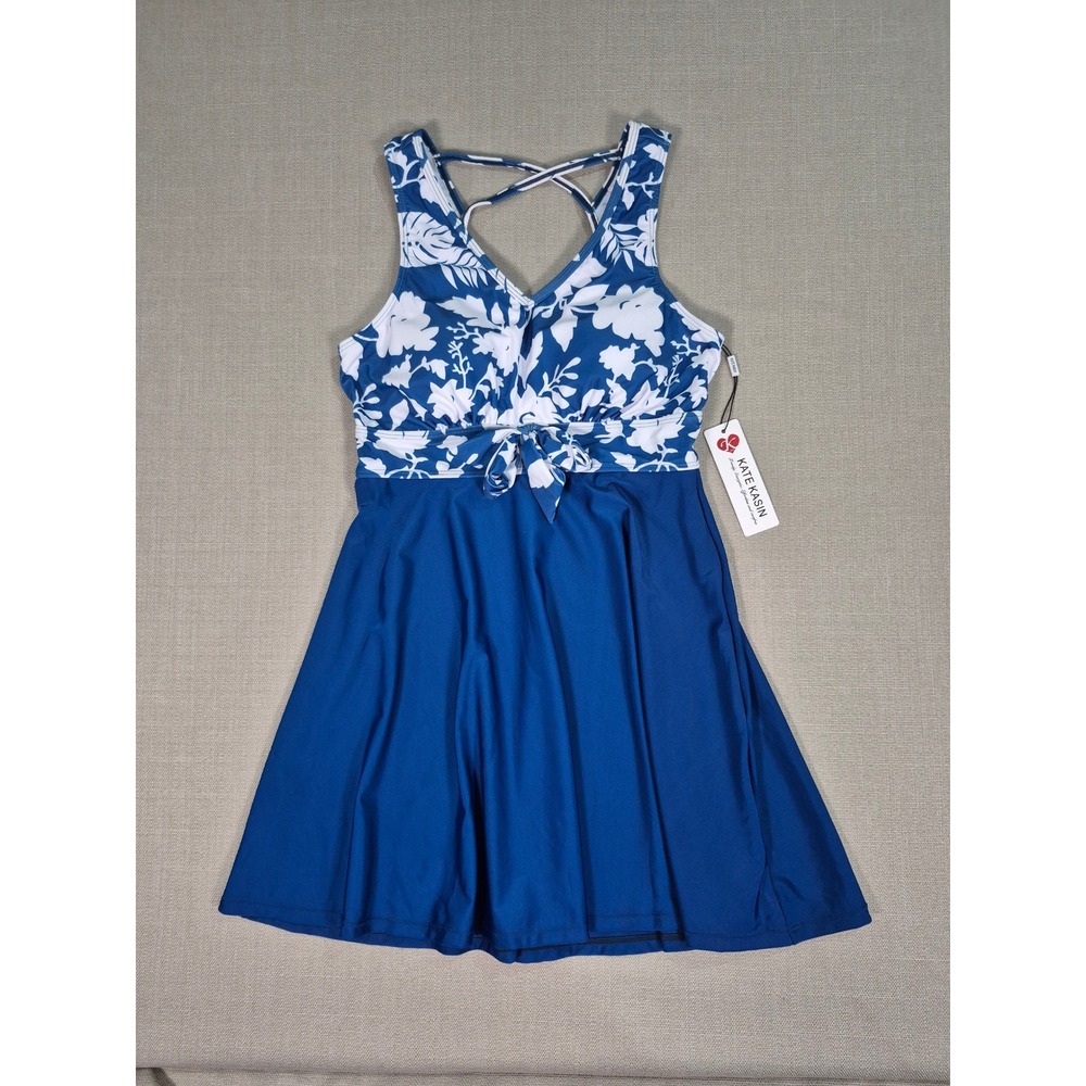 Kate Kasin Women Blue Floral Swim Dress with Shorts Tummy Control Size M NWT